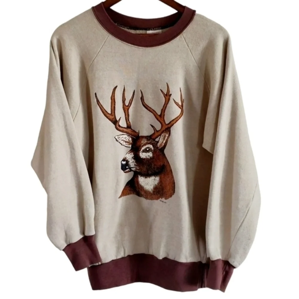 Ace Vintage 1991 Deer Pullover Sweatshirt Sz L‎ Reindeer Buck Elk Hunting Nature - Picture 2 of 10